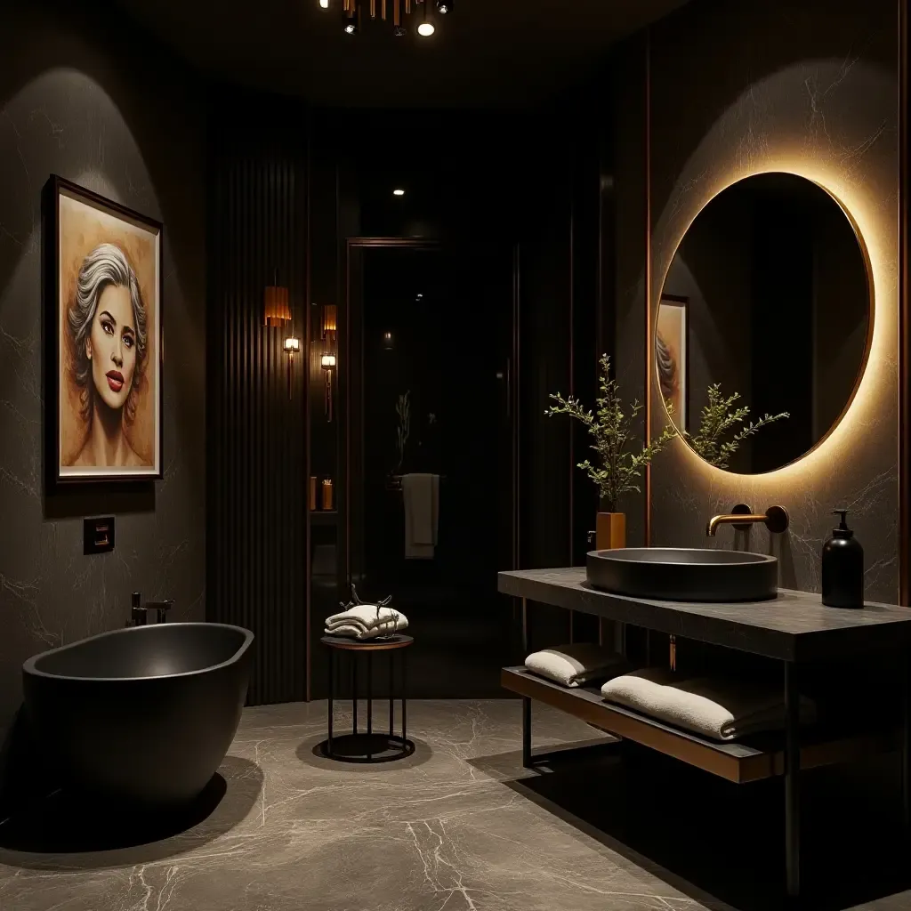 a photo of a dramatic black and gold bathroom with opulent features