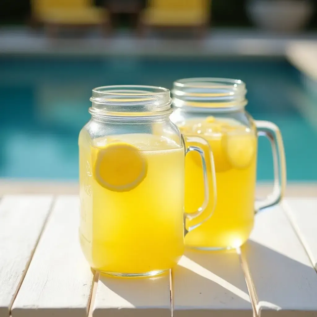 a photo of classic glass lemonade jars on a poolside table