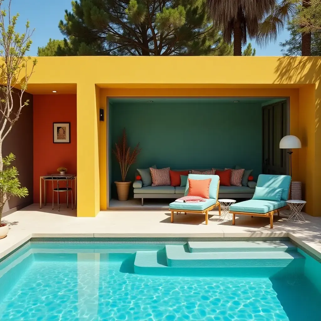 a photo of stylish poolside storage solutions with vibrant colors