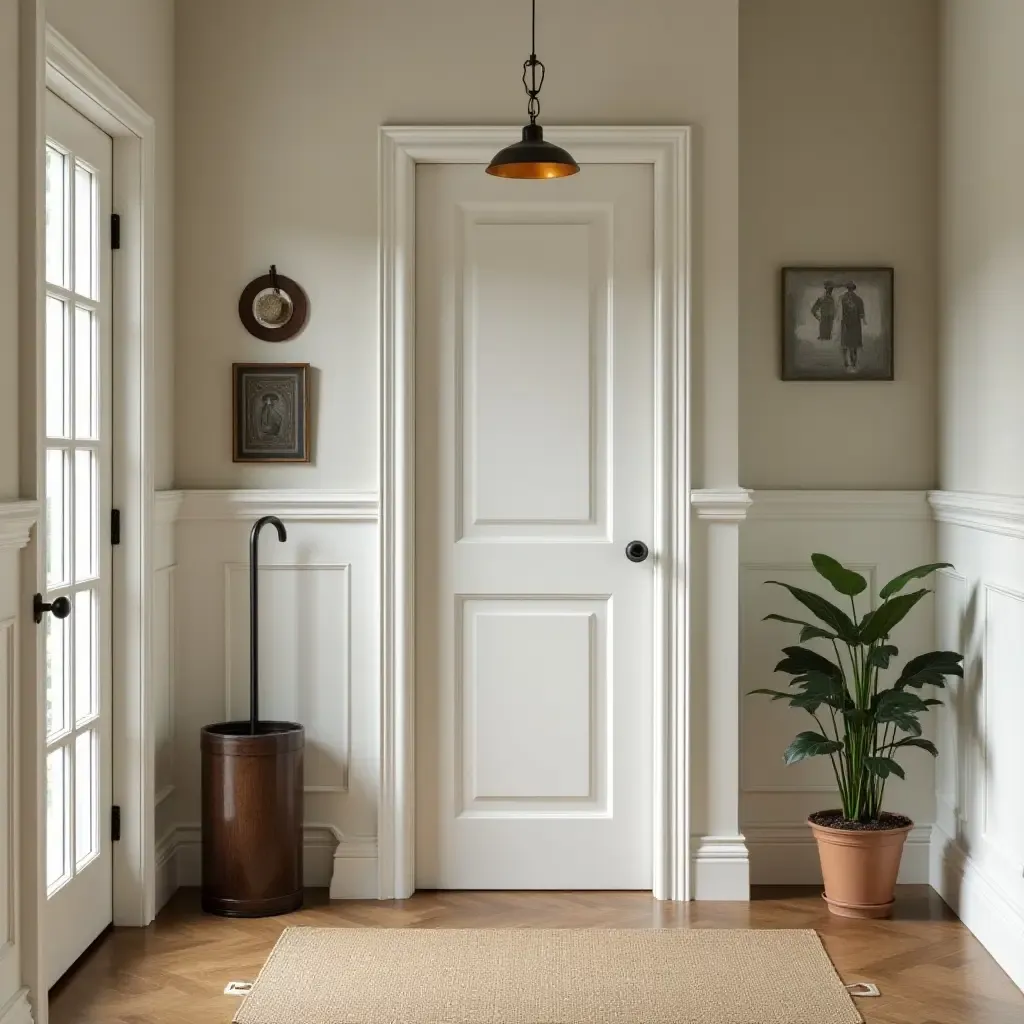 a photo of a cozy entryway with a vintage-style umbrella stand