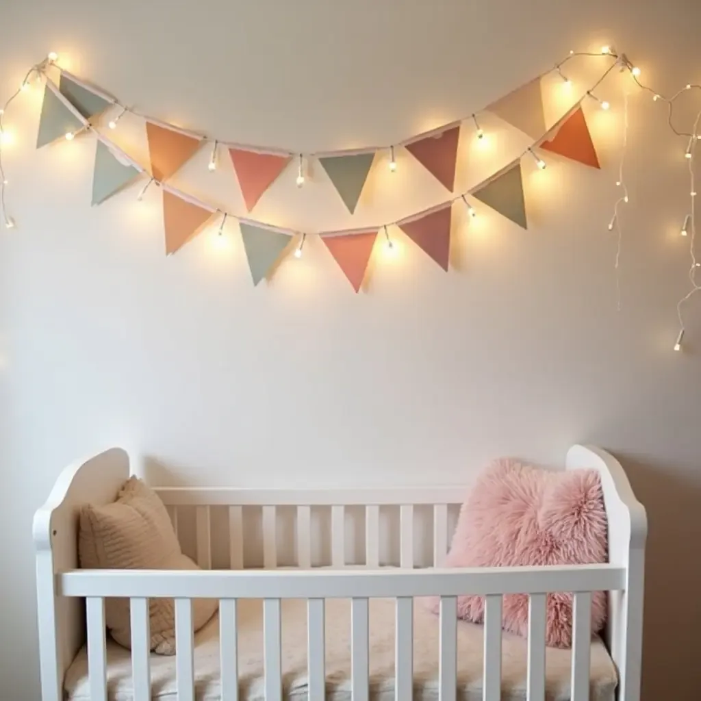 a photo of a nursery decorated with pastel bunting and fairy lights