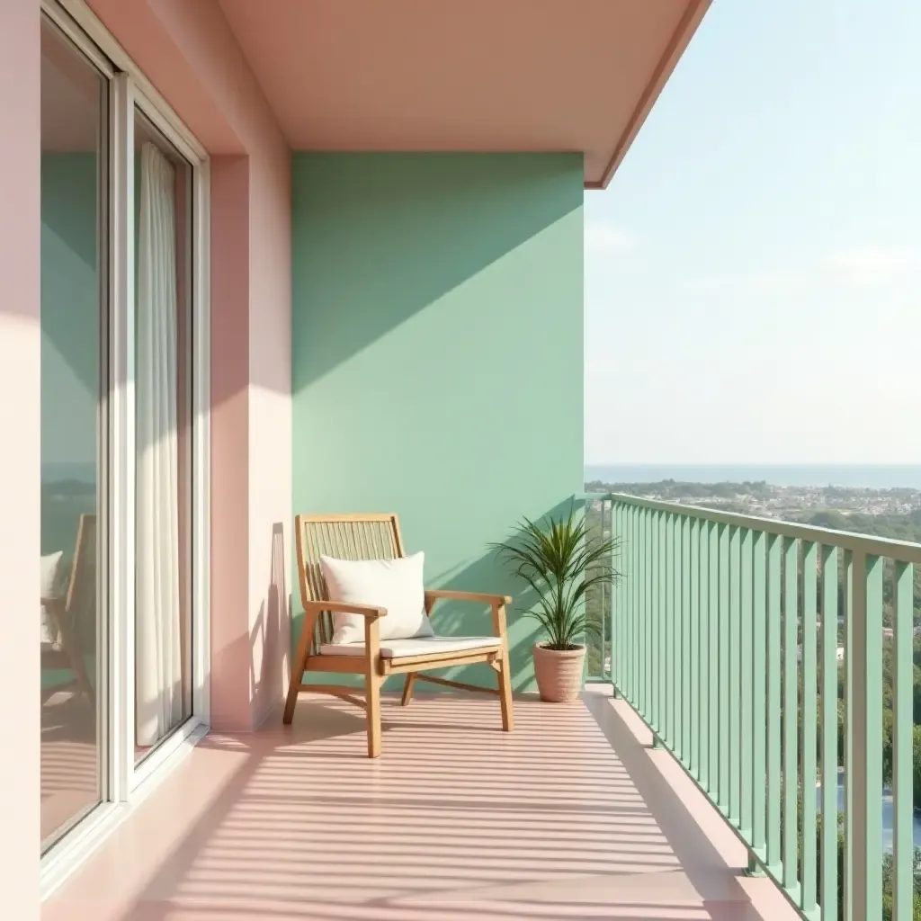 a photo of a serene balcony decorated in pastel pink and mint green shades