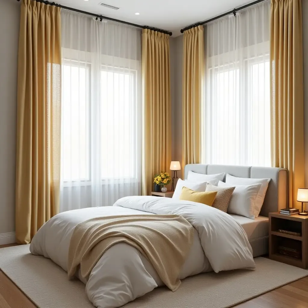 a photo of a teen bedroom with metallic gold accents on bedding and curtains