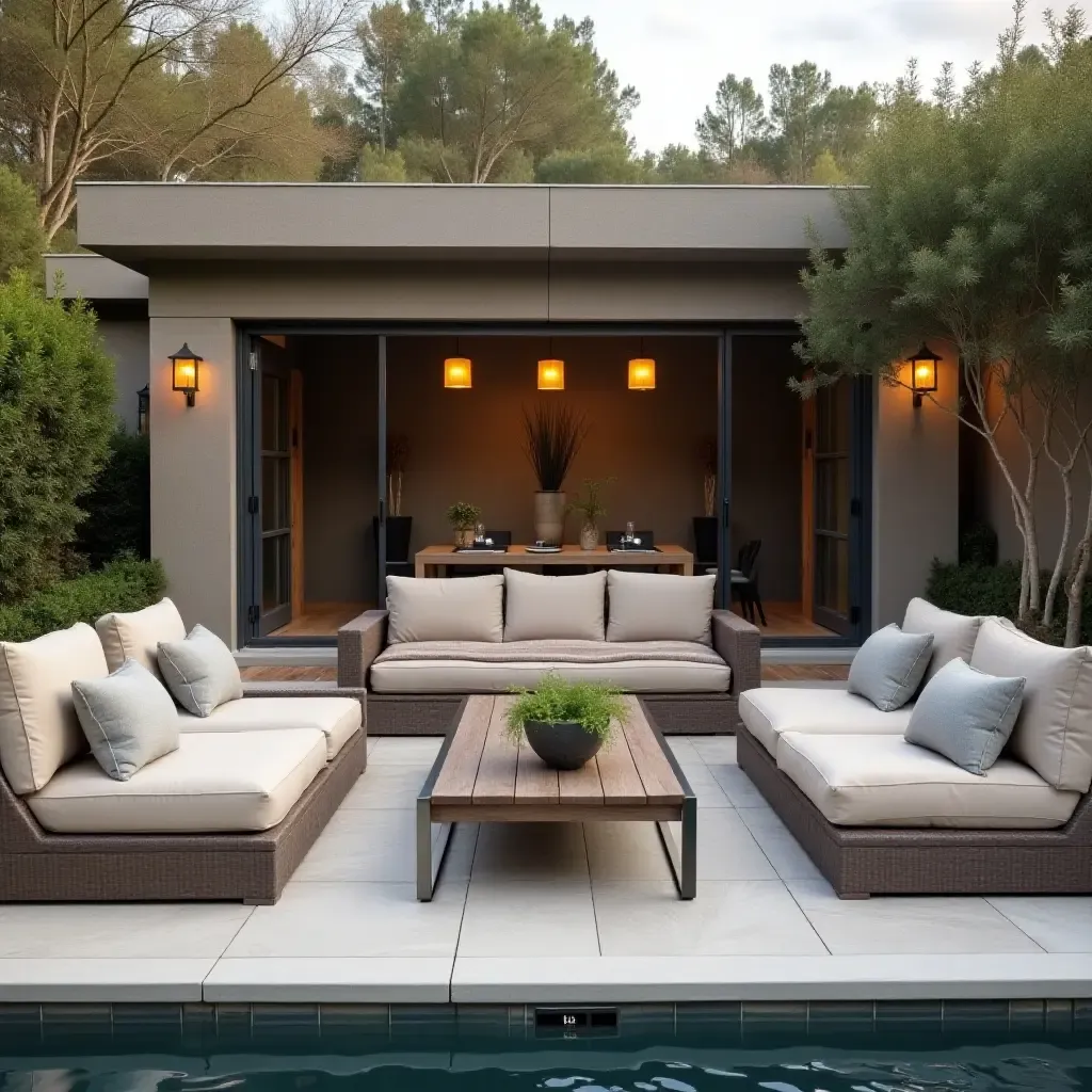 a photo of a serene poolside retreat combining plush fabric seating, weathered wood tables, and elegant metal lighting