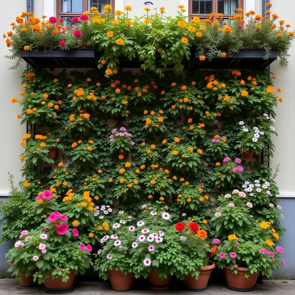 a photo of a balcony featuring a wall of colorful annuals and perennials