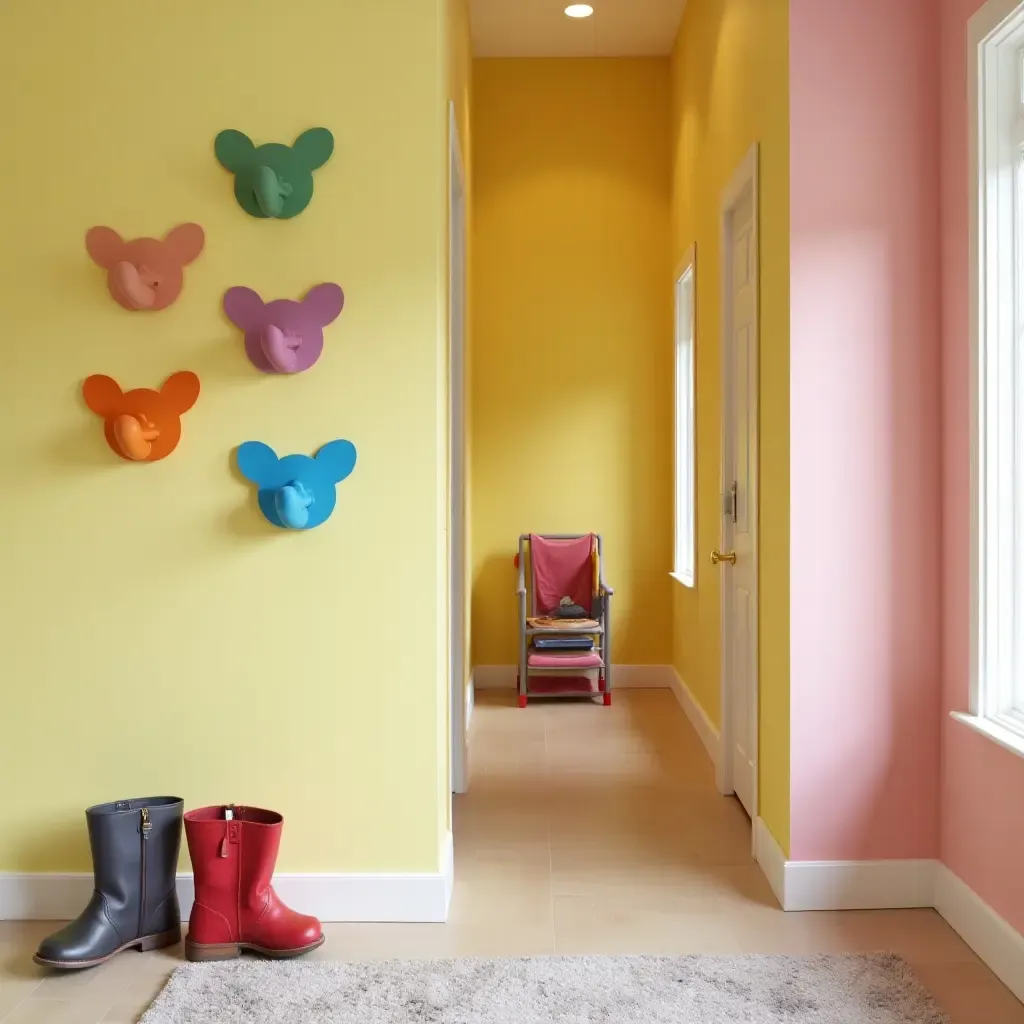 a photo of a vibrant corridor with colorful wall hooks and a shoe organizer