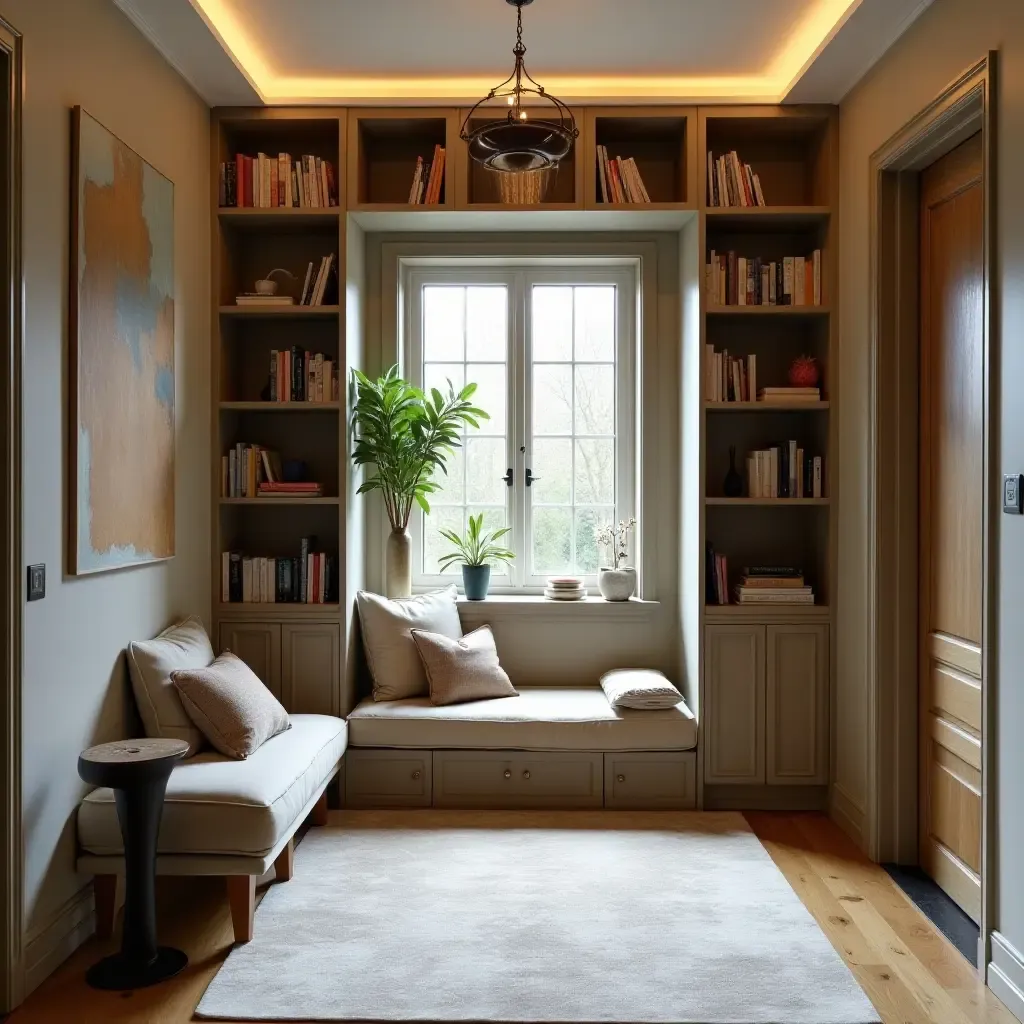 a photo of an entrance hall with a cozy reading nook and bookshelves