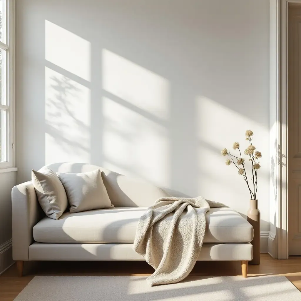 a photo of a bedroom nook with a soft chaise lounge and a throw blanket