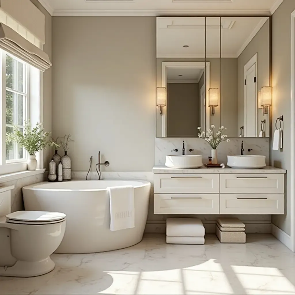 a photo of a spa-like bathroom with elegant storage jars