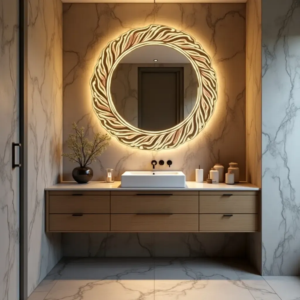 a photo of a stylish bathroom vanity with an artistic mirror and unique lighting