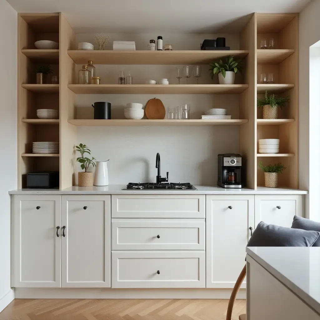 a photo of a pantry with a built-in coffee station and stylish storage