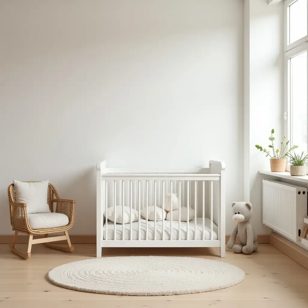 a photo of a nursery with wooden flooring and soft rugs