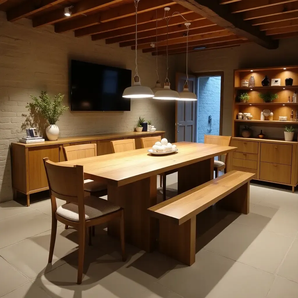 a photo of a wooden dining set in a basement