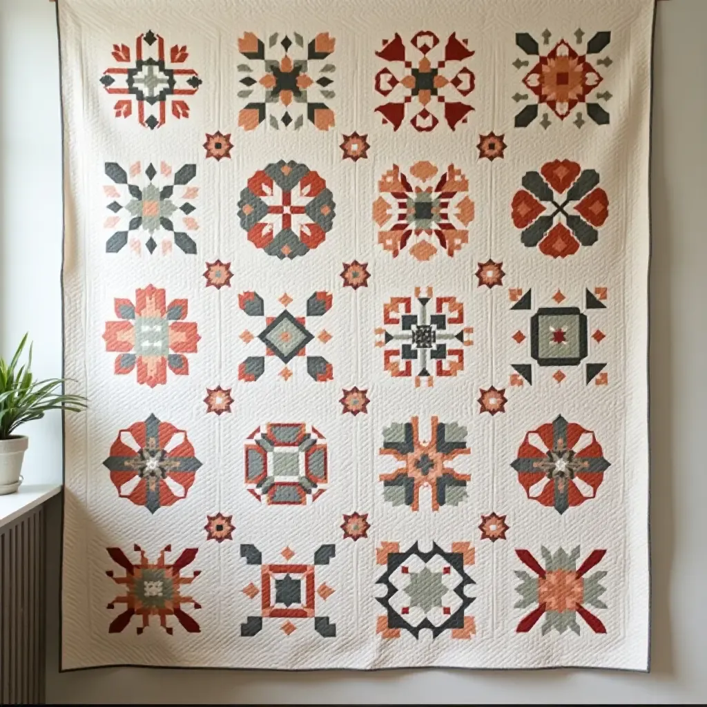 a photo of a handmade quilt with patchwork designs hung on the wall