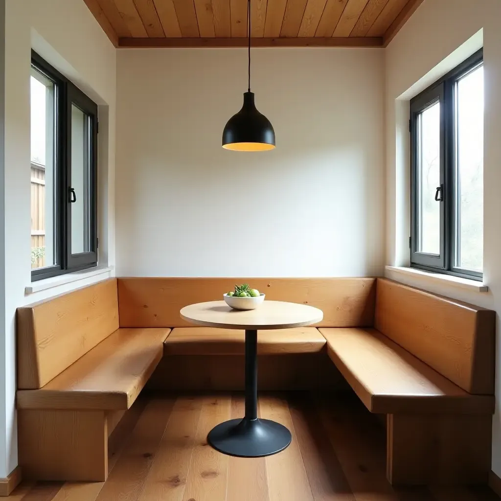 a photo of a cozy breakfast nook with wooden benches