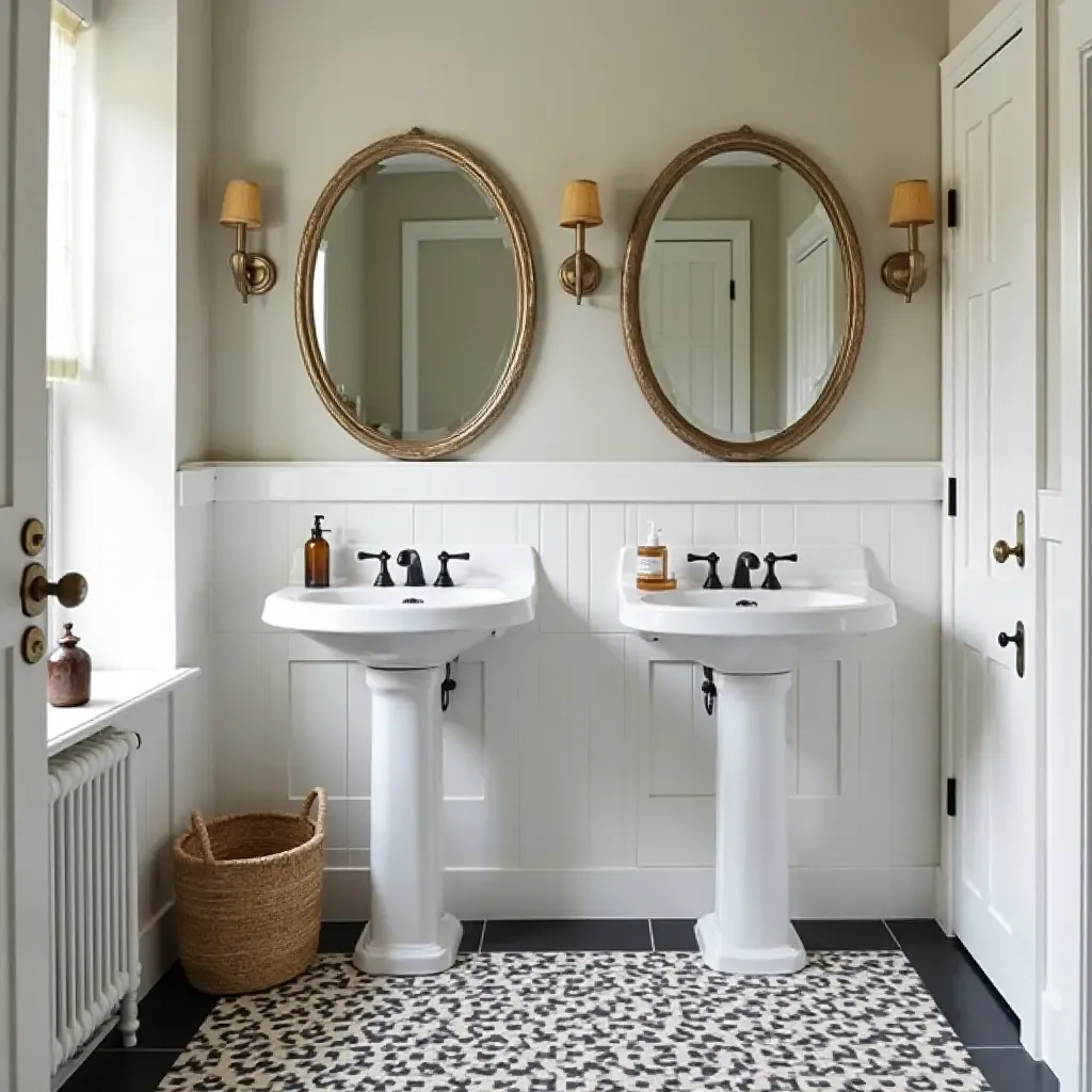 a photo of a stylish bathroom with patterned floor tiles and a vintage mirror