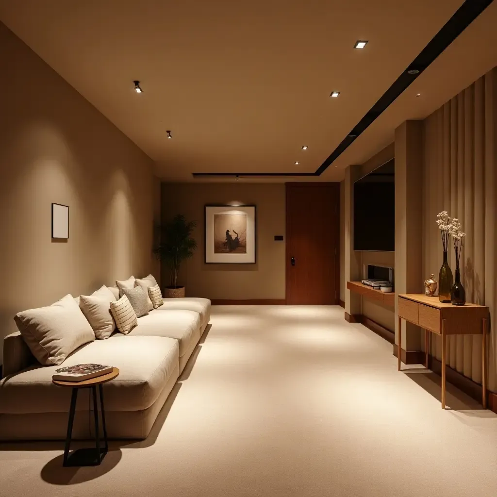 a photo of a serene basement with soft fabric textures, warm wood tones, and subtle metal highlights