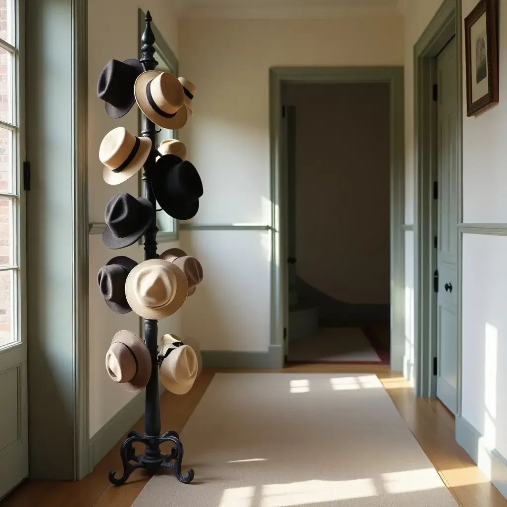 a photo of a vintage hat stand adorned with hats in a hallway