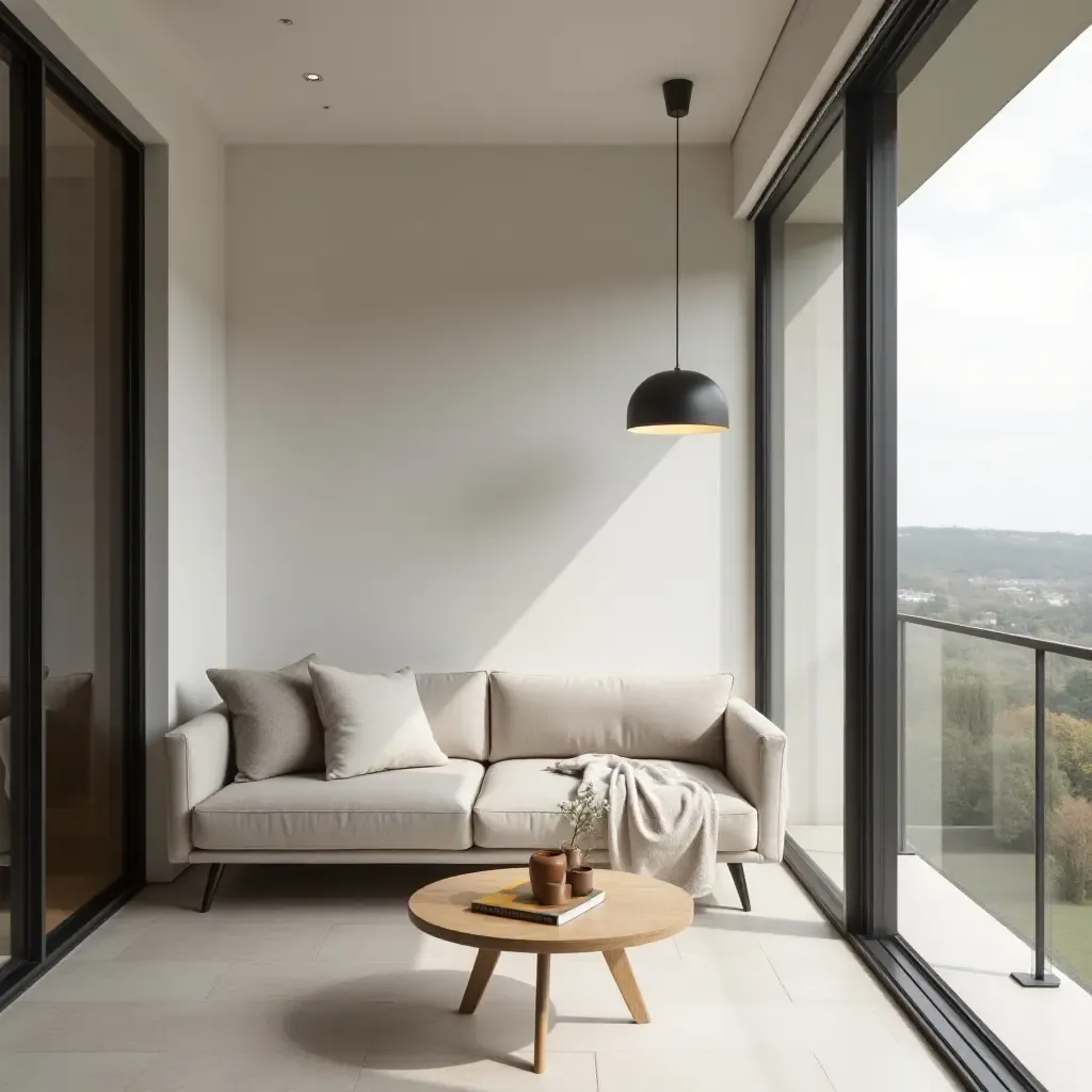 a photo of a minimalist balcony showcasing sleek pendant fixtures