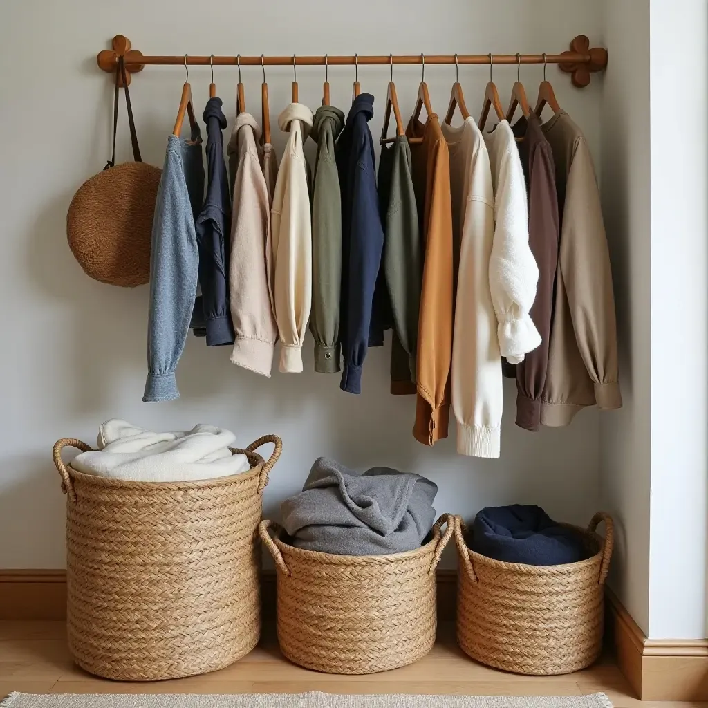 a photo of a creative use of baskets for storing seasonal clothing