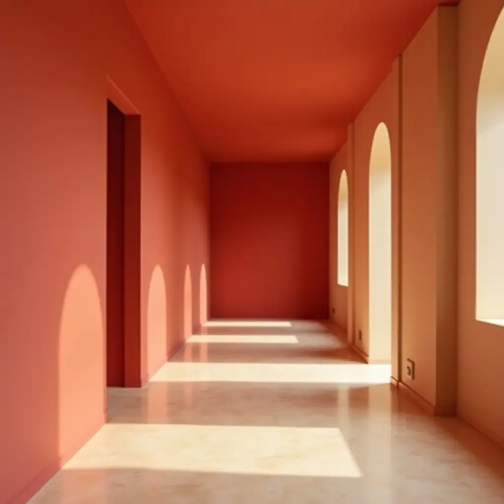 a photo of a bold crimson and soft beige hallway