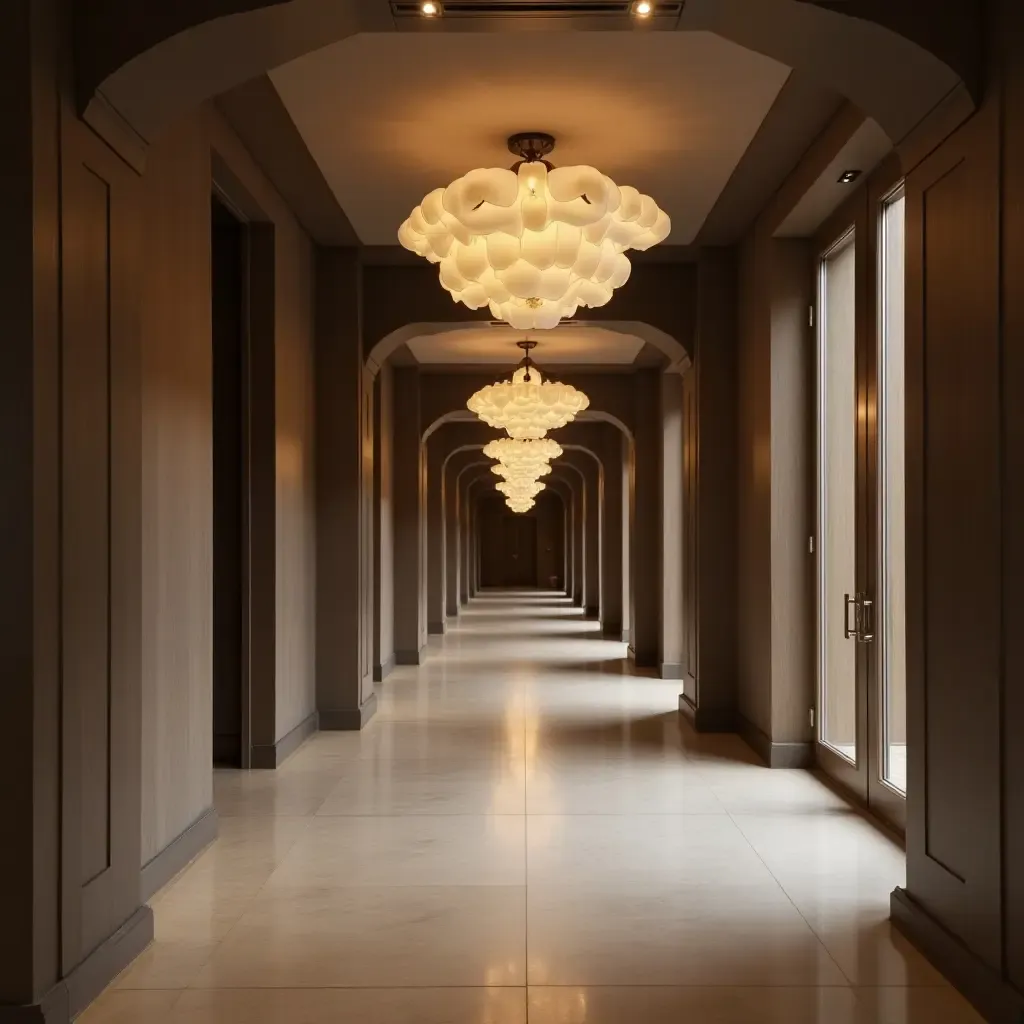 a photo of a spacious corridor featuring oversized pendant lights