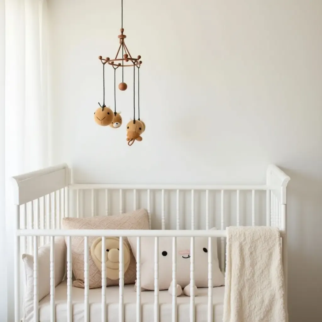 a photo of a cozy nursery featuring a farmhouse-style mobile and plush toys