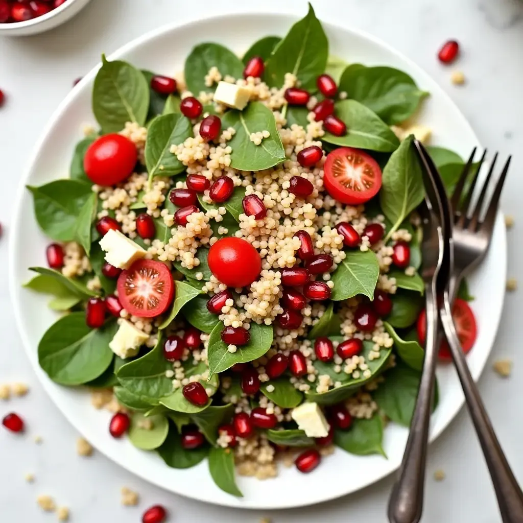 a photo of a Greek salad with quinoa, pomegranate seeds, and a tahini-lemon dressing.