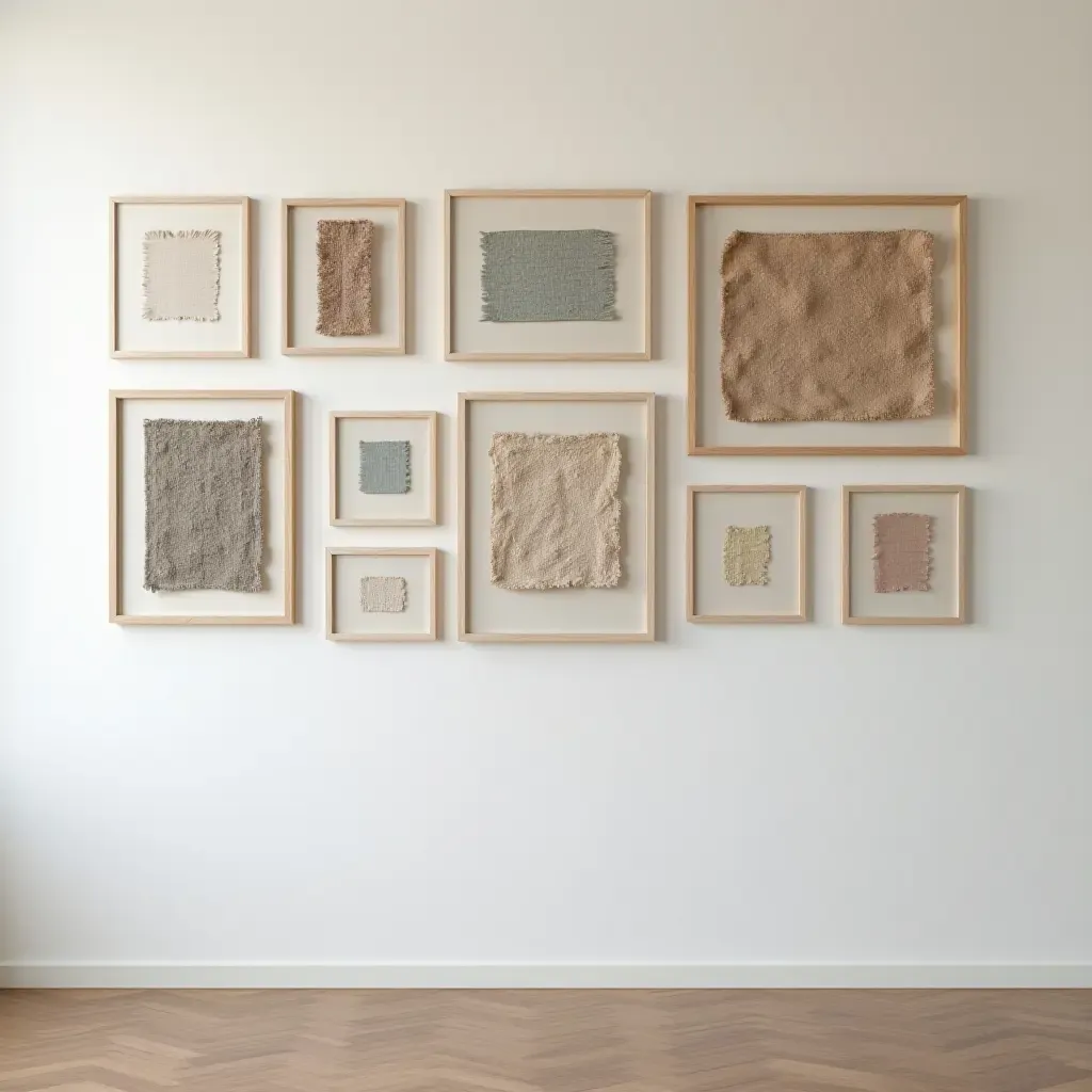 a photo of a wall with framed fabric swatches as art