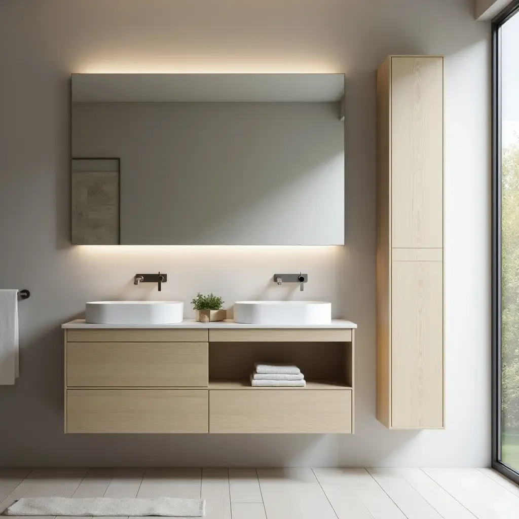 a photo of a sleek bathroom with a mirrored cabinet for storage