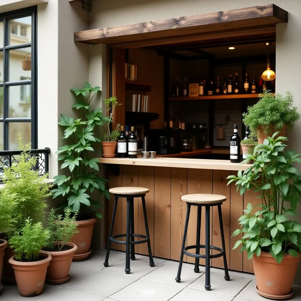 a photo of a balcony with a rustic bar and potted herbs