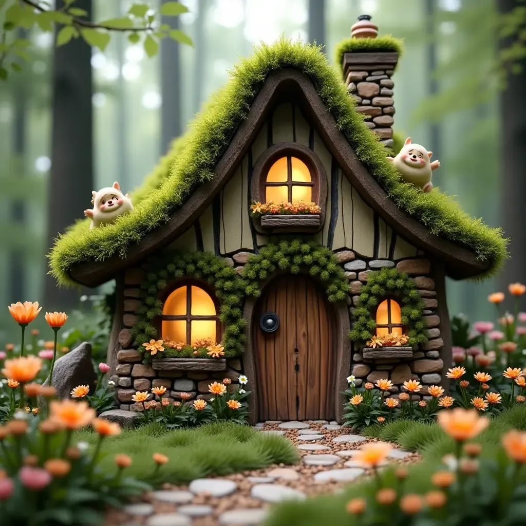 a photo of a charming woodland cottage with fairies and flowers