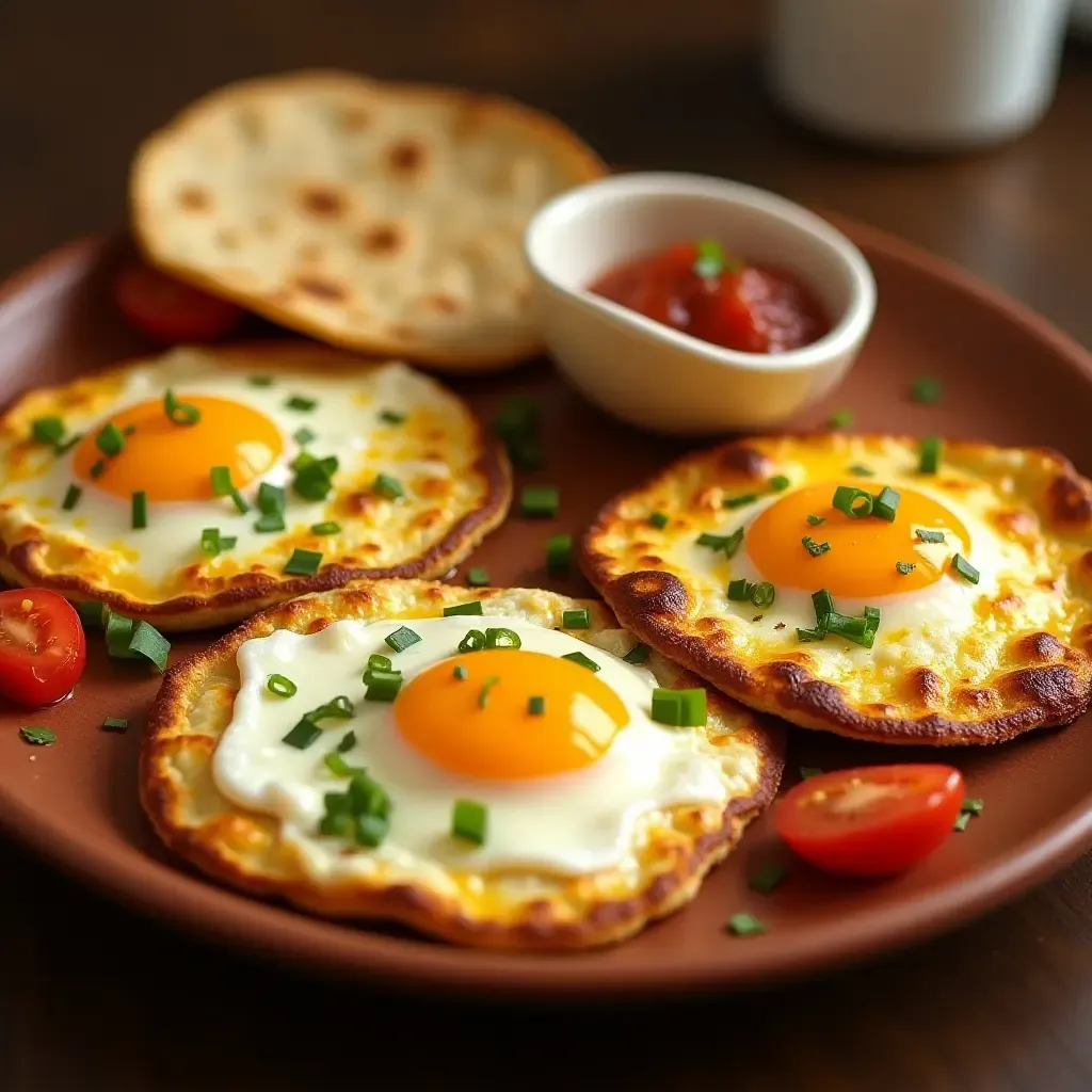 a photo of sizzling huevos rancheros with fresh salsa and warm tortillas on a clay plate.