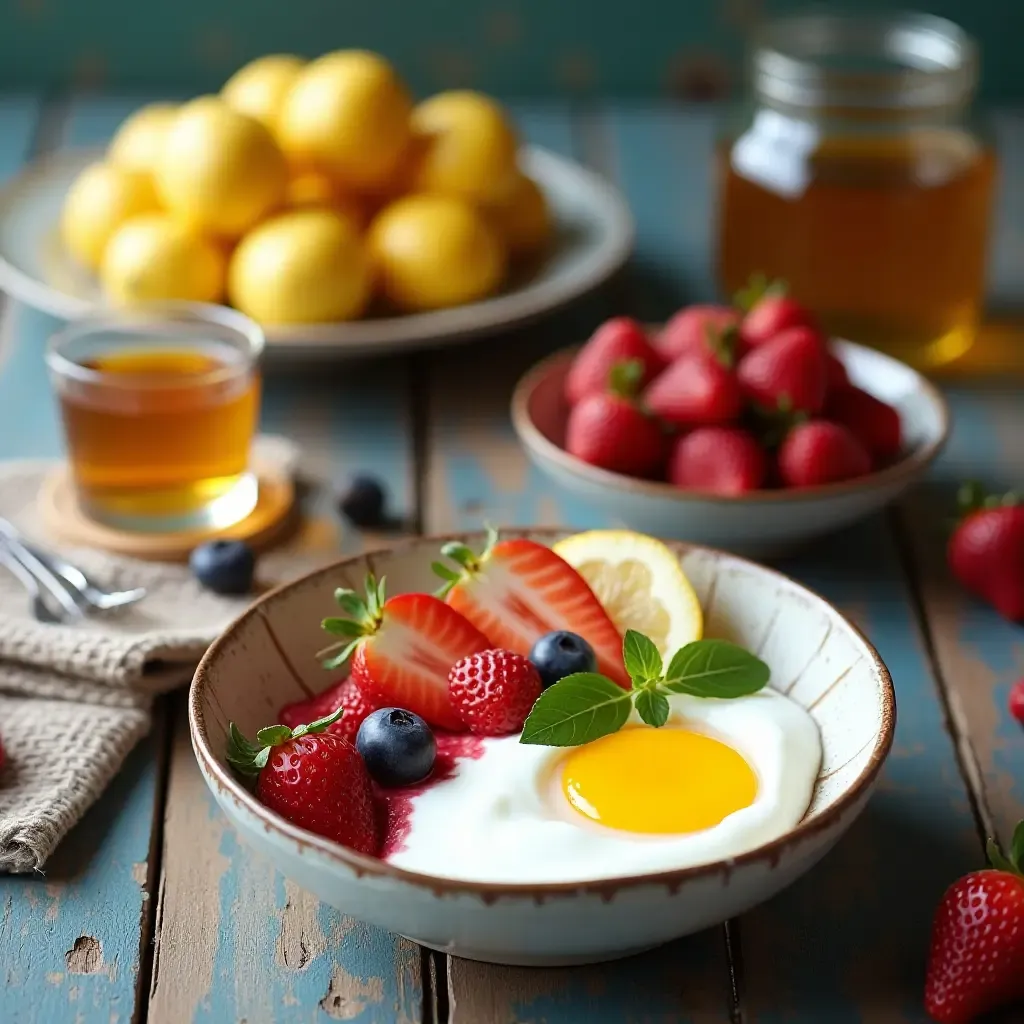 a photo of a colorful Greek breakfast spread with yogurt, honey, and fresh fruits on a rustic table.