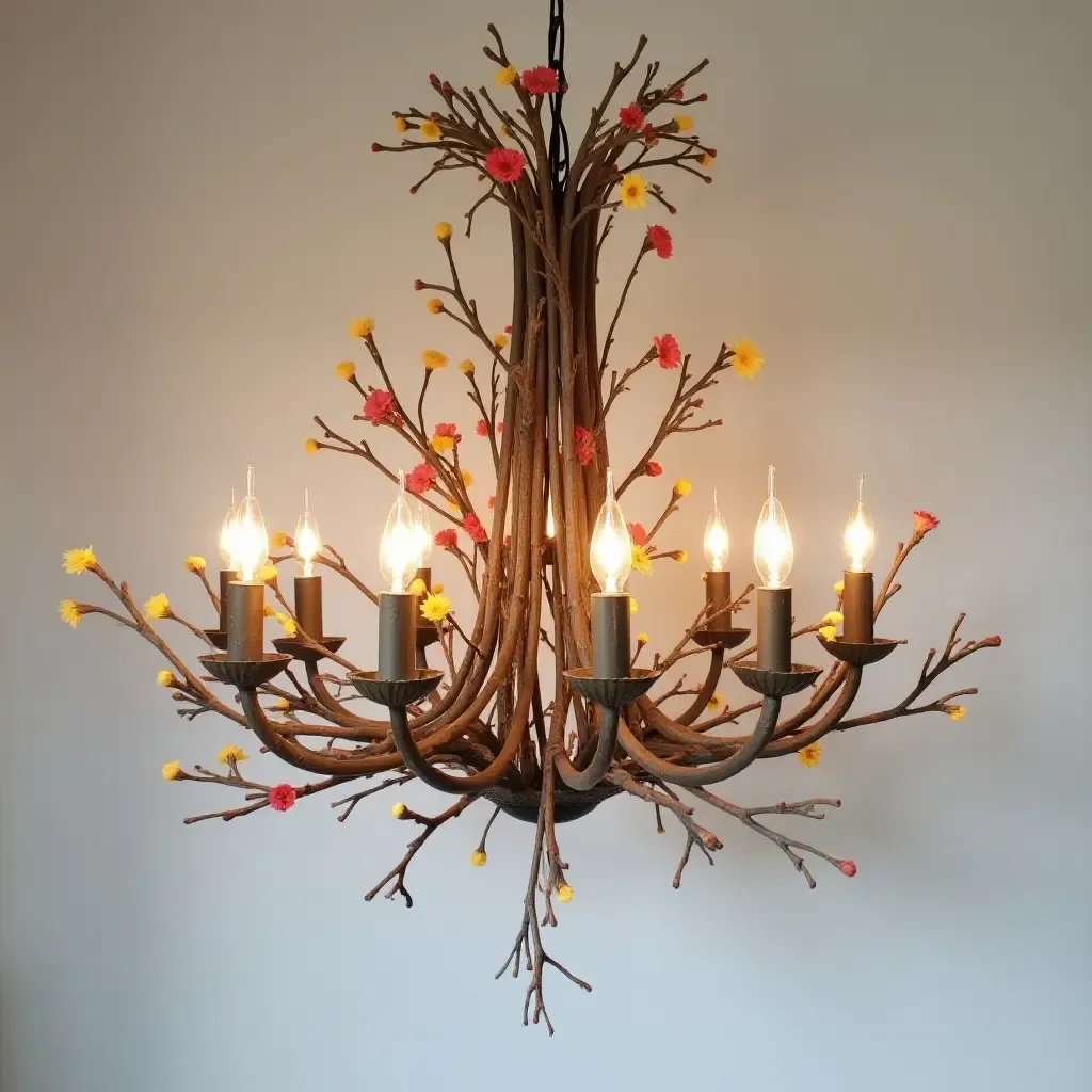 a photo of a charming chandelier made of twigs and dried flowers