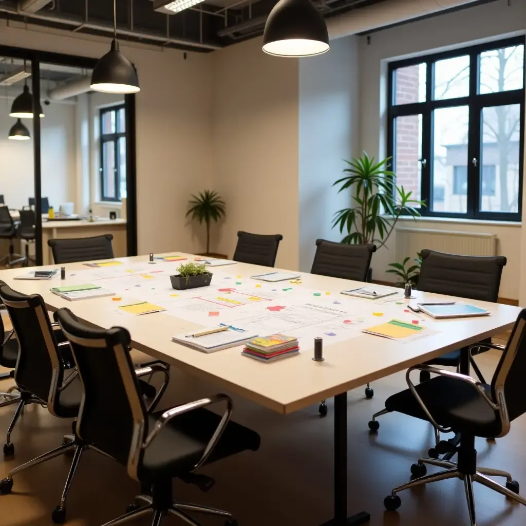 a photo of a collaborative workspace with a large table and brainstorming tools