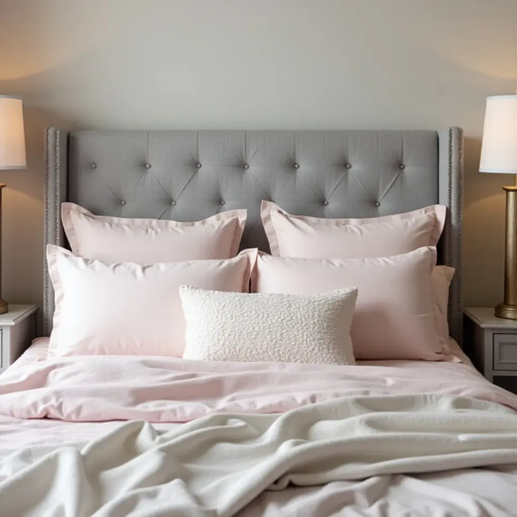 a photo of a grey headboard surrounded by soft pastel colors and delicate fabrics