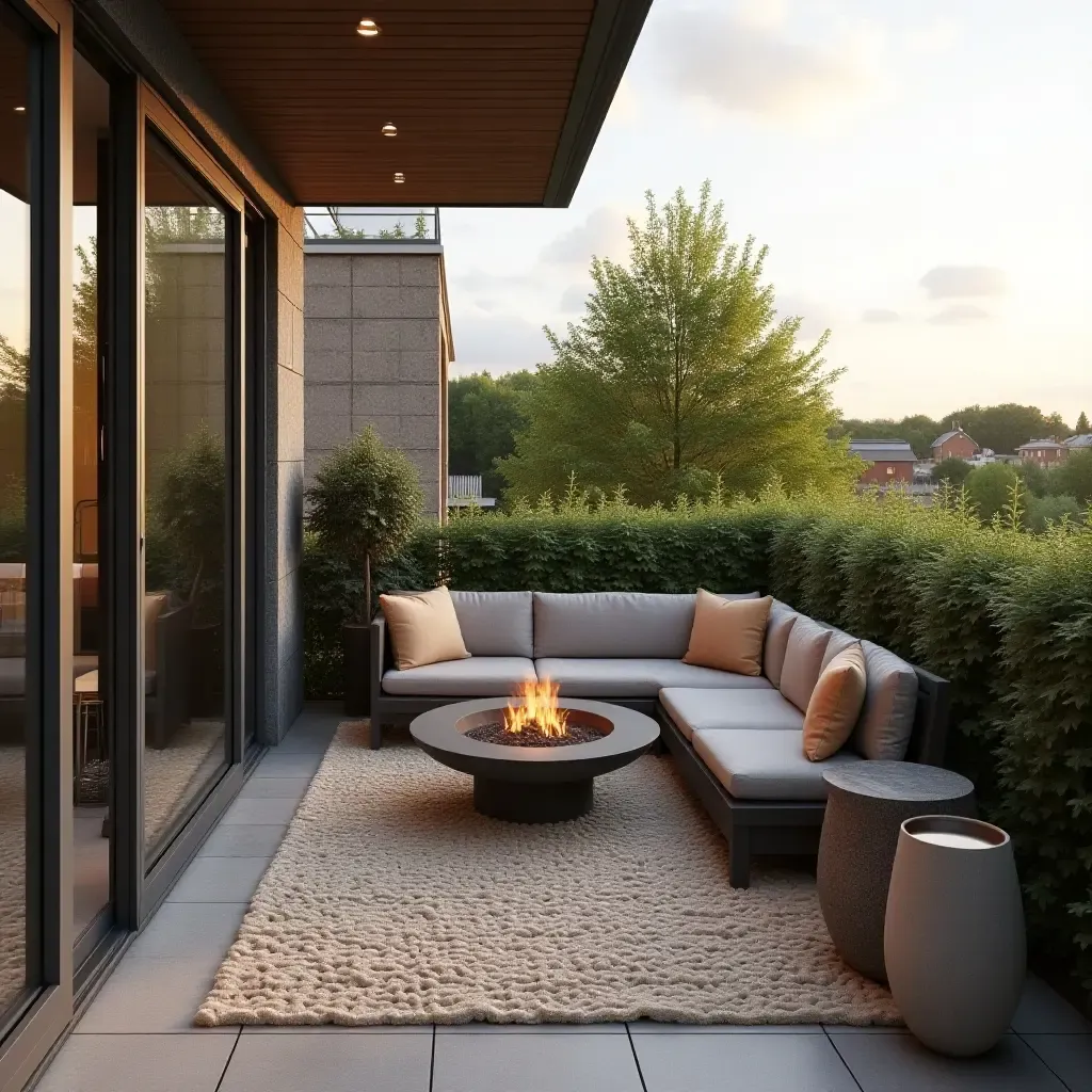 a photo of a balcony with a small fire pit and outdoor rug