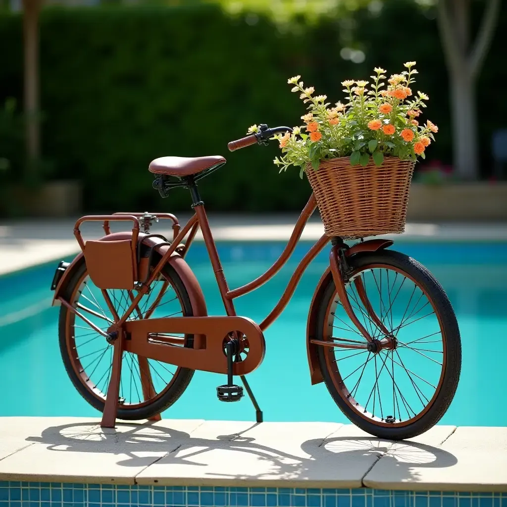 a photo of a vintage bicycle used as poolside decor