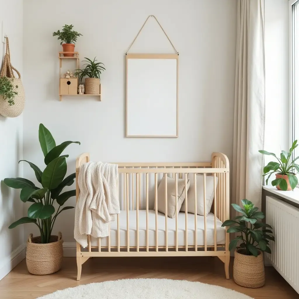 a photo of a nursery corner decorated with potted plants and handmade crafts