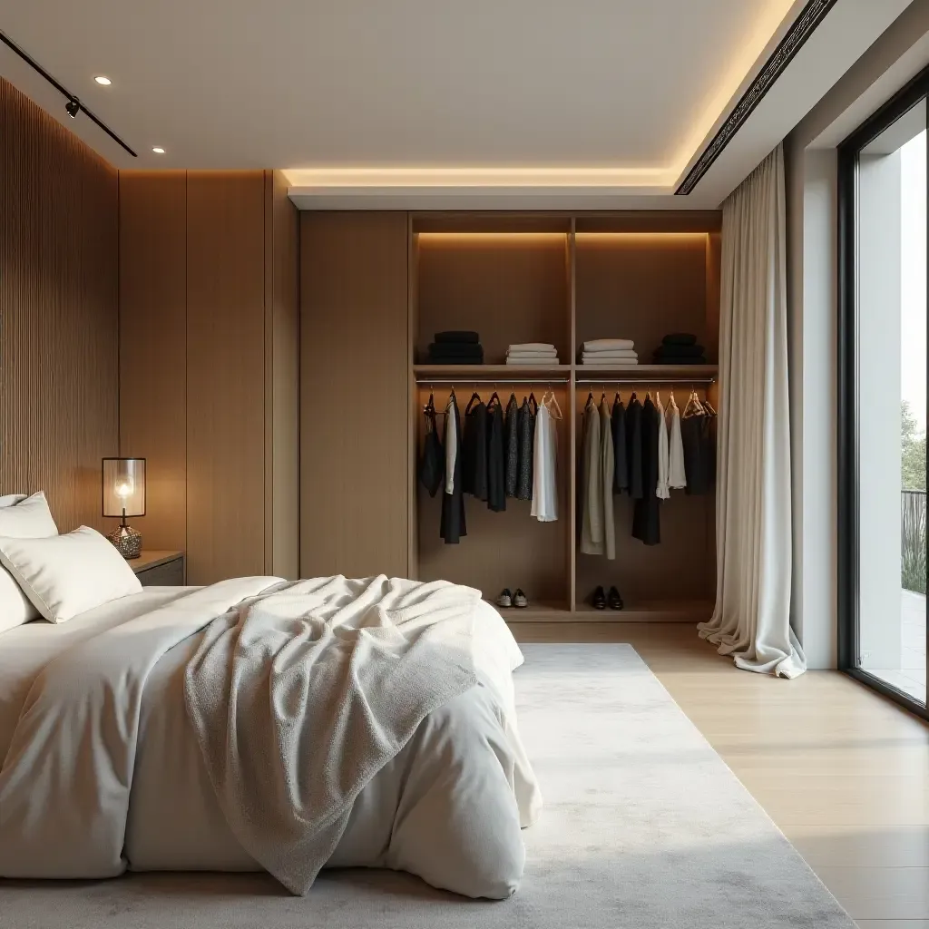 a photo of a spacious bedroom with a walk-in closet and dressing area