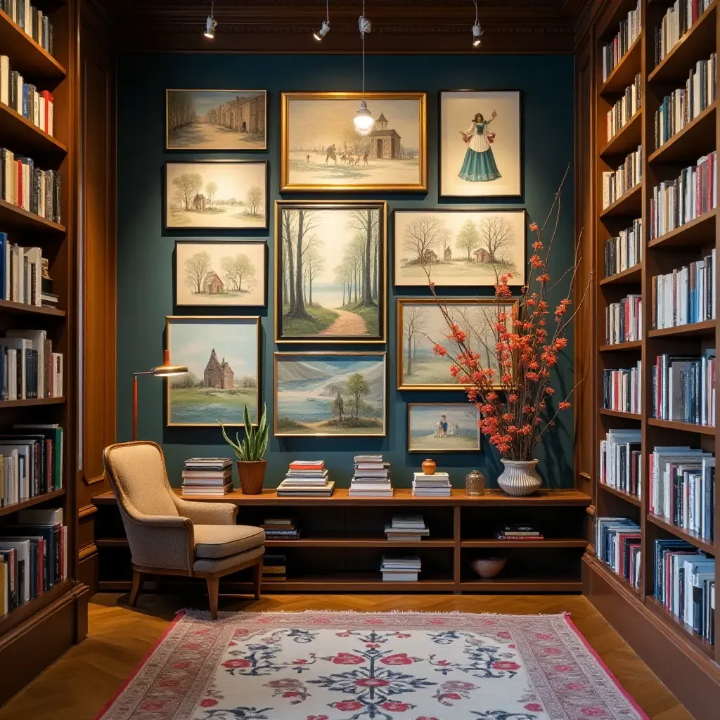 a photo of a library with a gallery wall of mixed media art