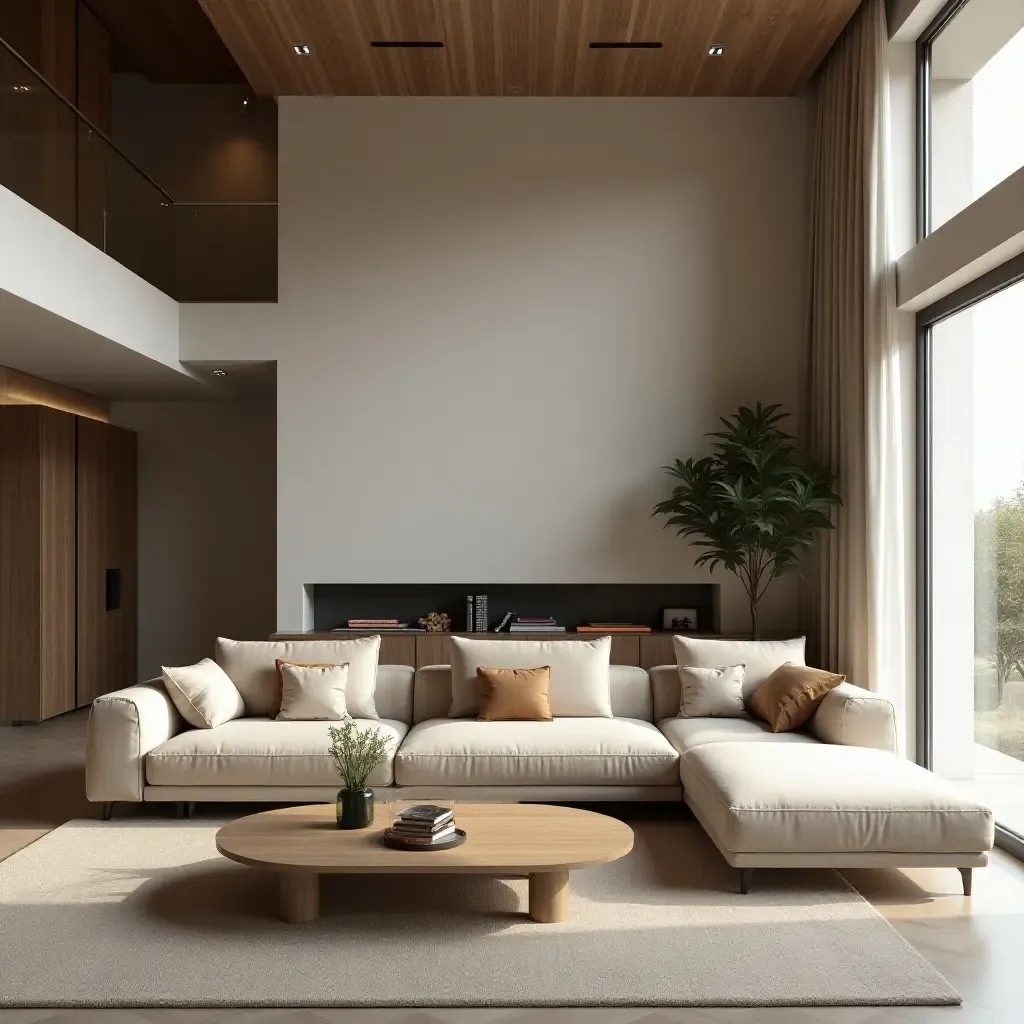 a photo of a cozy living room with modular furniture and open space