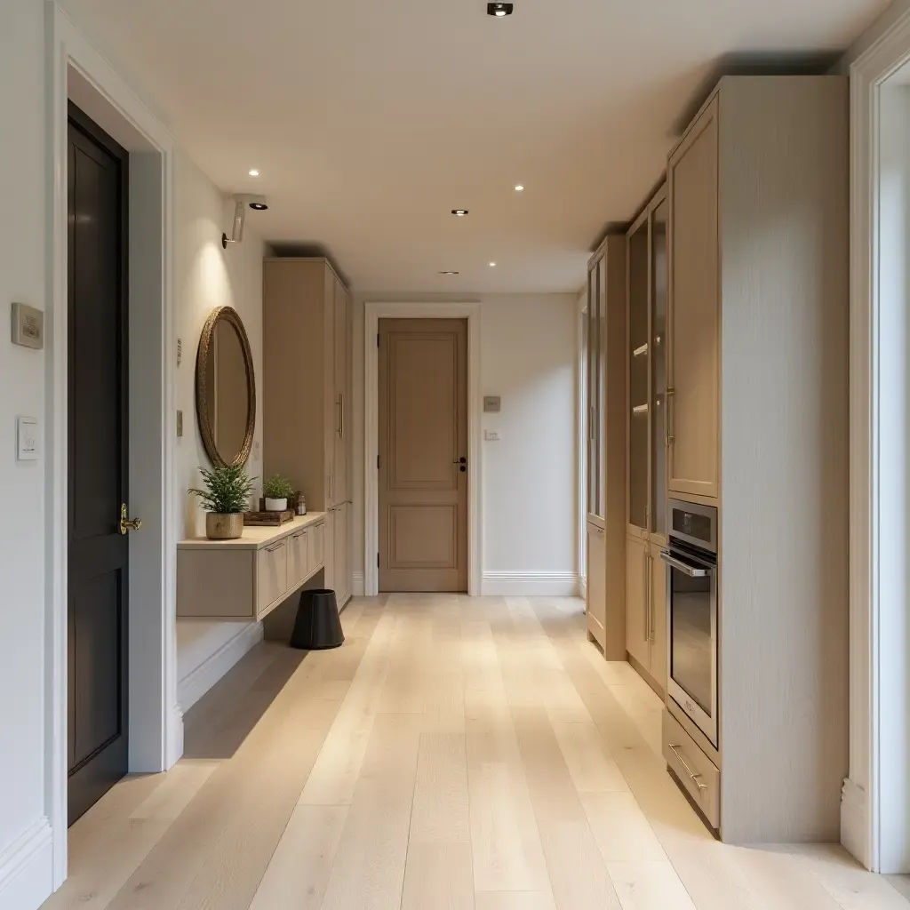 a photo of a contemporary basement entryway with stylish storage solutions