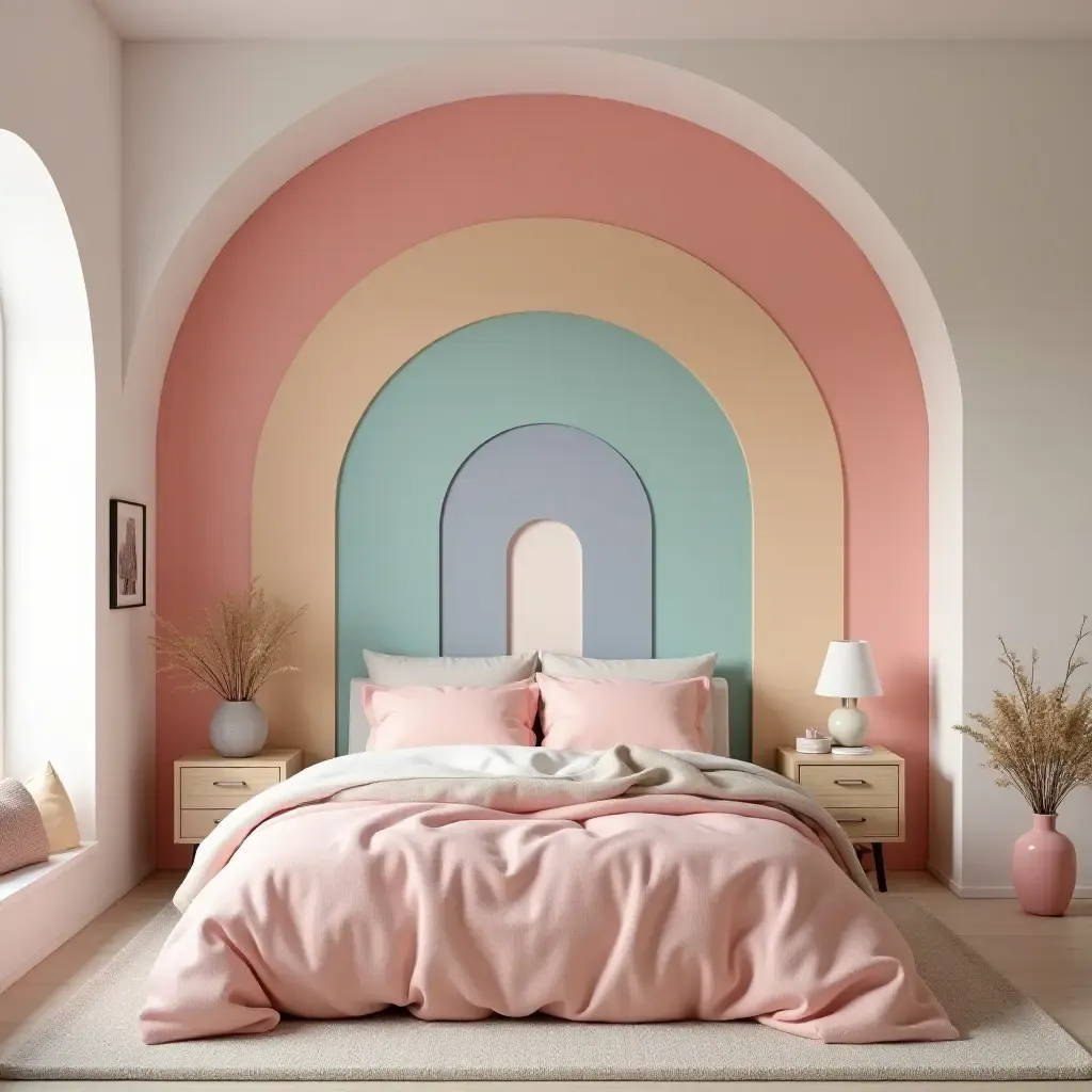 a photo of a dreamy pastel rainbow bedroom with soft furnishings