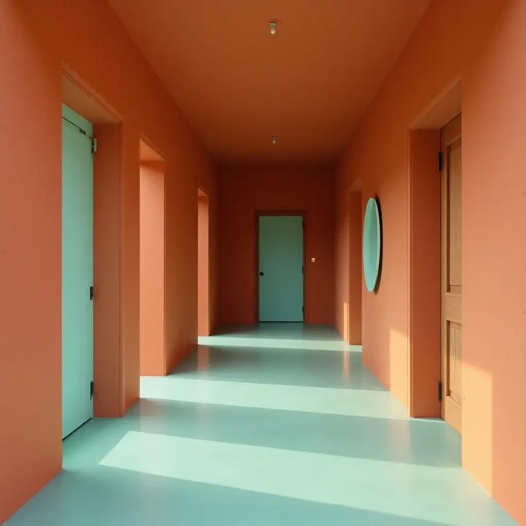 a photo of a warm terracotta and light turquoise hallway