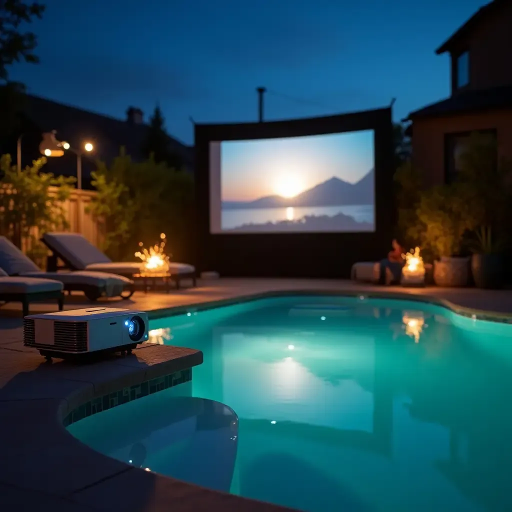 a photo of a whimsical outdoor movie setup with a projector by the pool