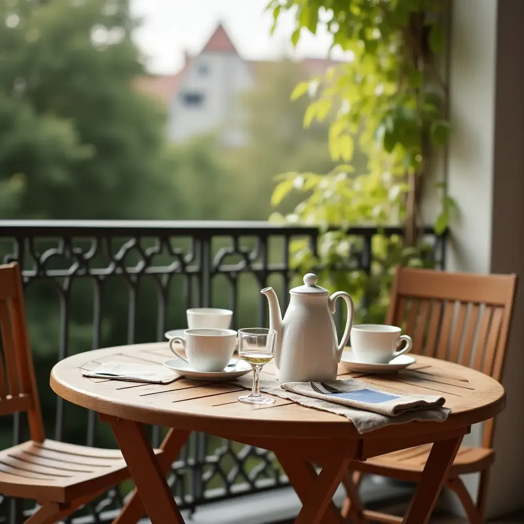 a photo of a classic wooden table set for tea on a balcony