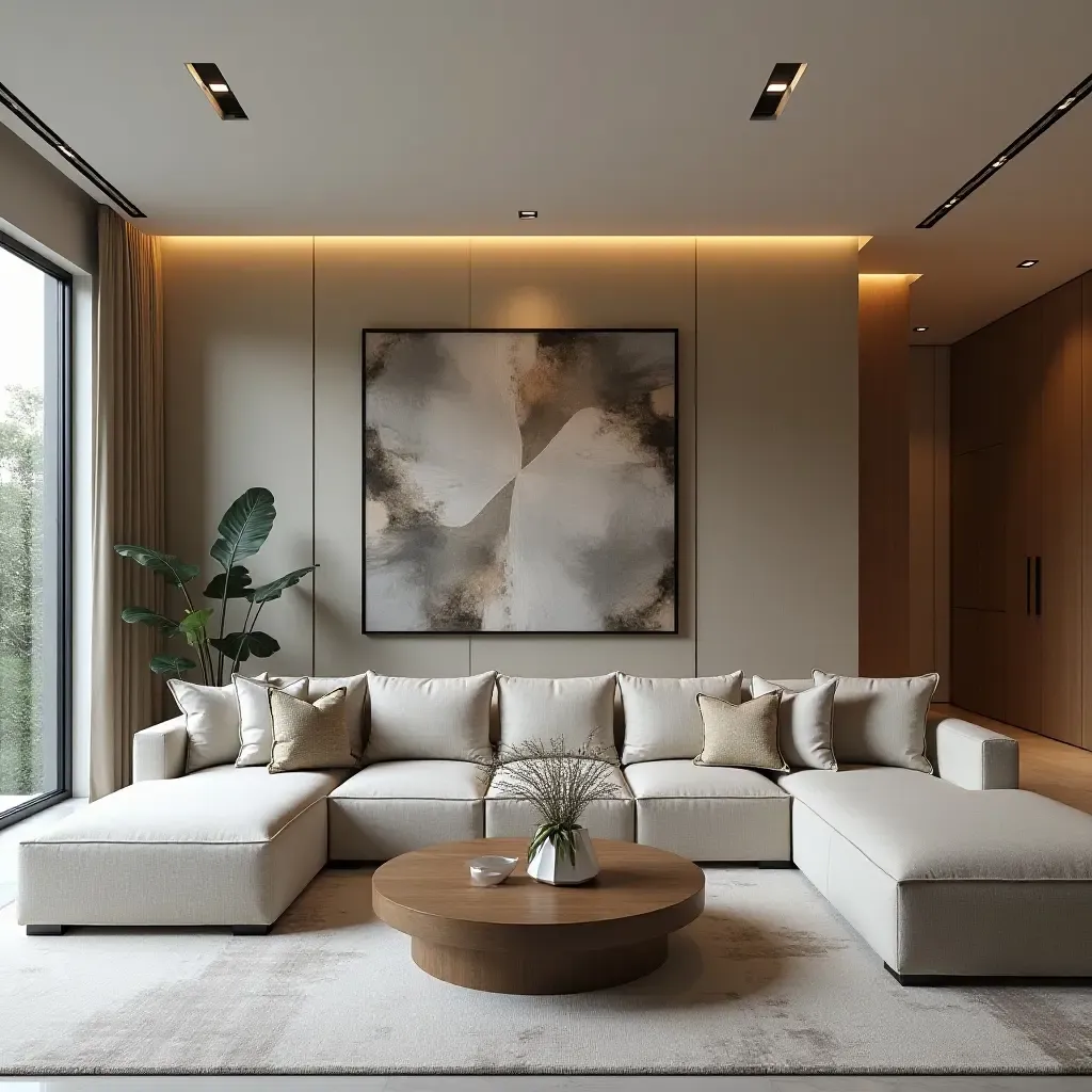 a photo of a contemporary living room featuring metallic sculptures