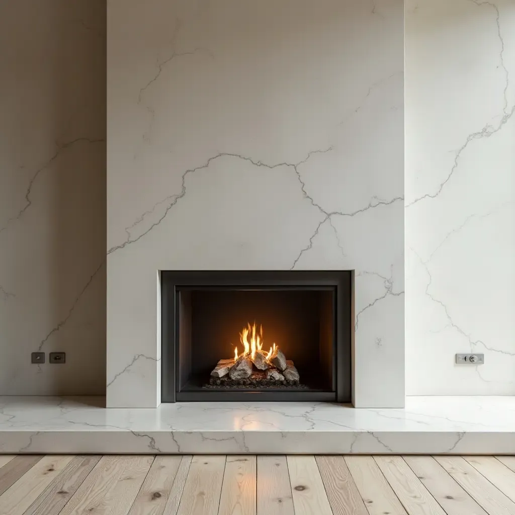 a photo of a minimalist fireplace with a stone surround